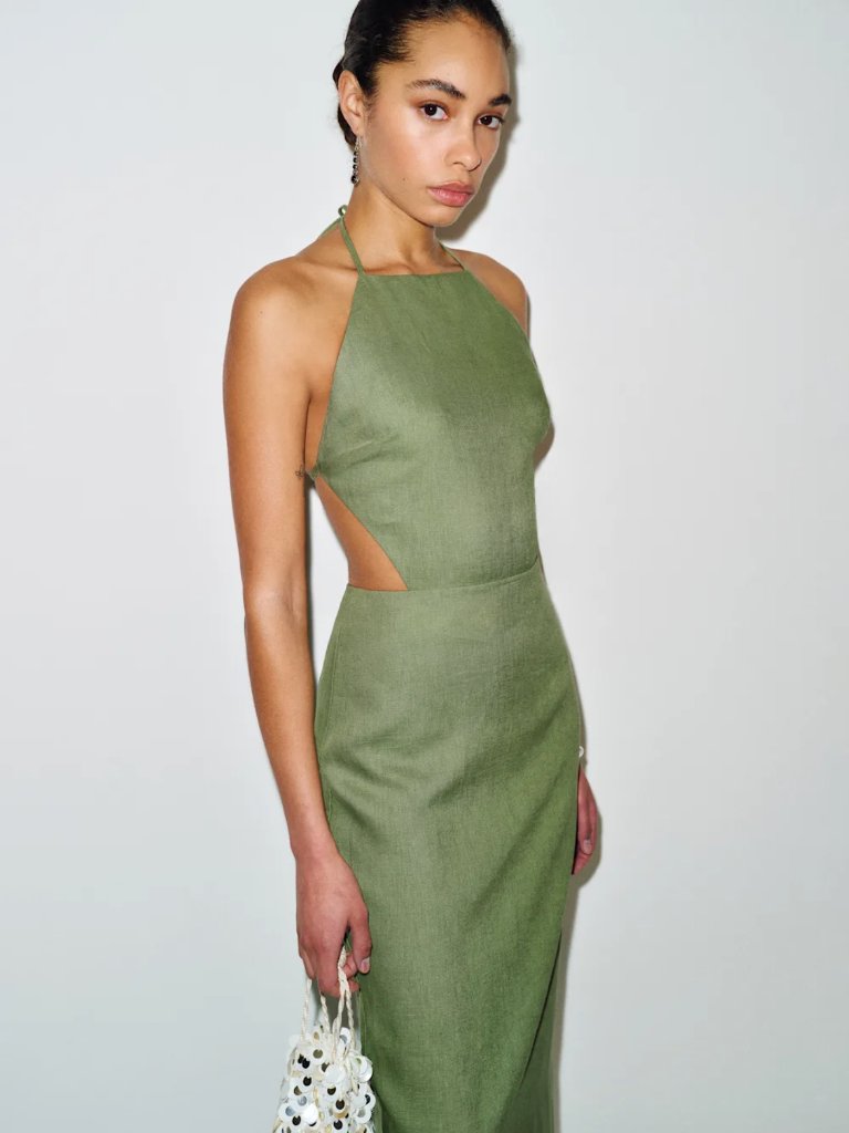 Reformation Trista Linen Dress Green - Size 8